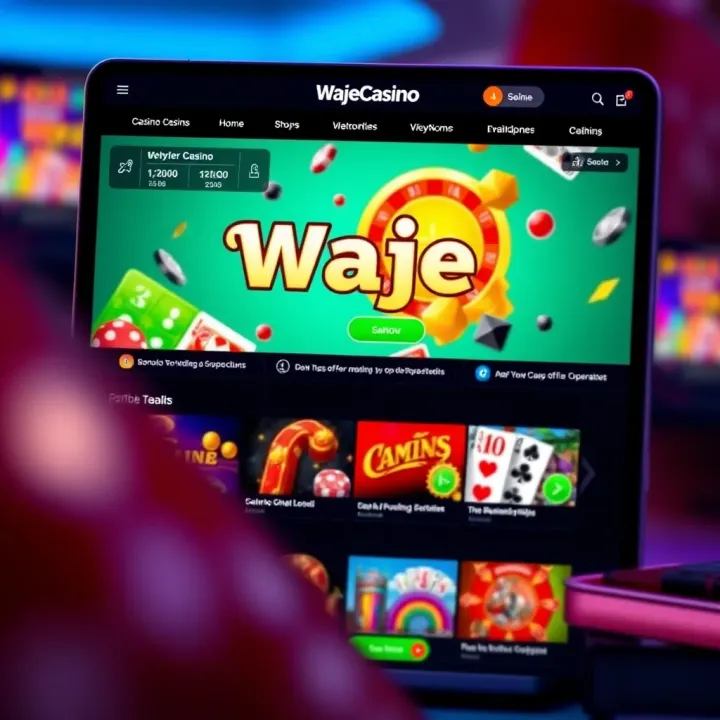 Android smartphone displaying WajeCasino app interface with vibrant game icons